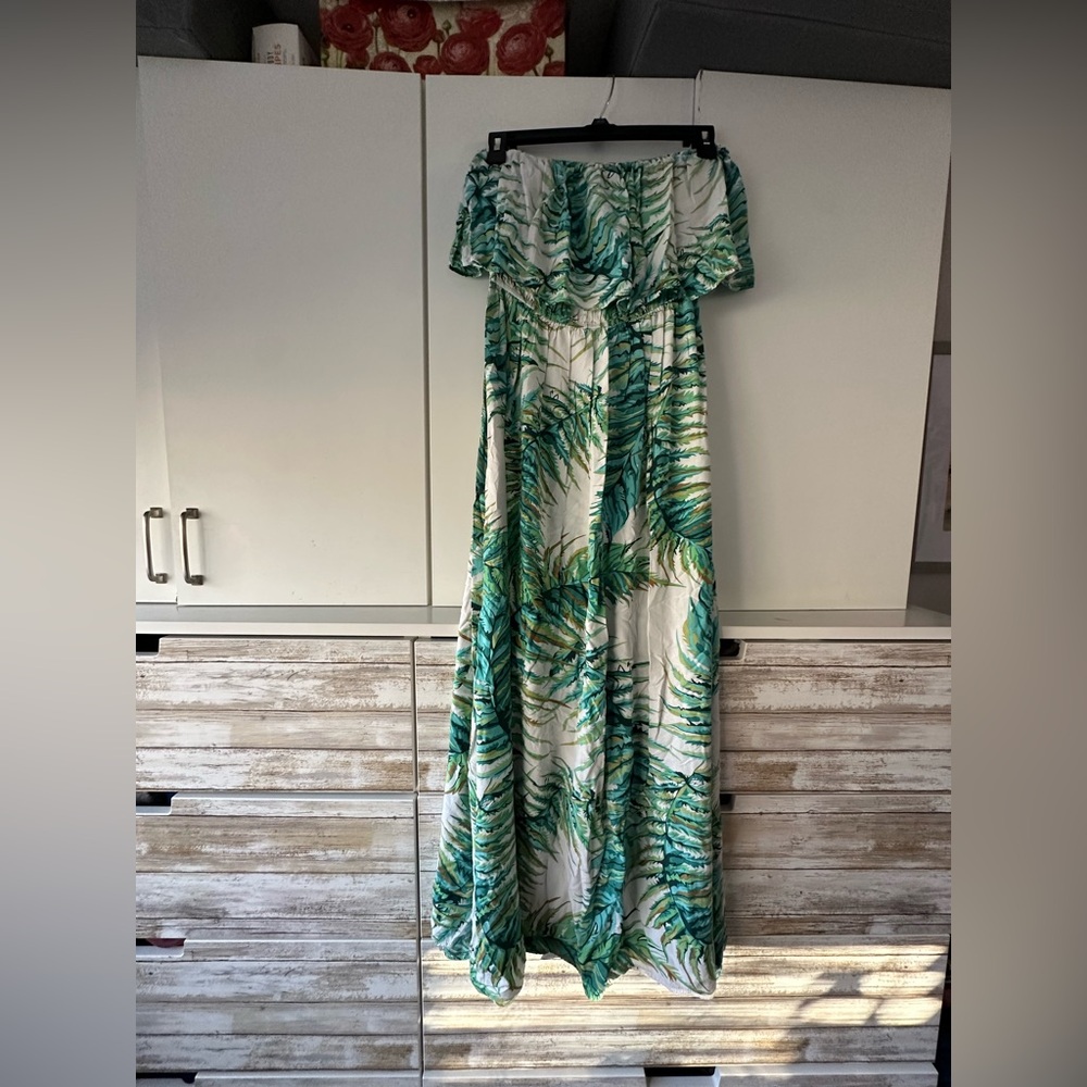 🌿 Yidarton Tropical Leaf Off Shoulder Maxi Dress Green White Size L Boho